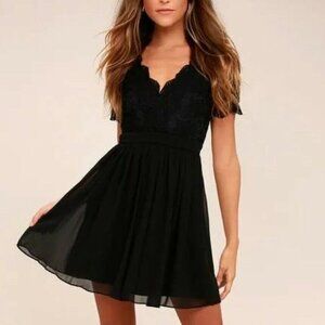 Lulus Angel in Disguise short lace sleeve Black  Exclusive Lace Skater Dress XS